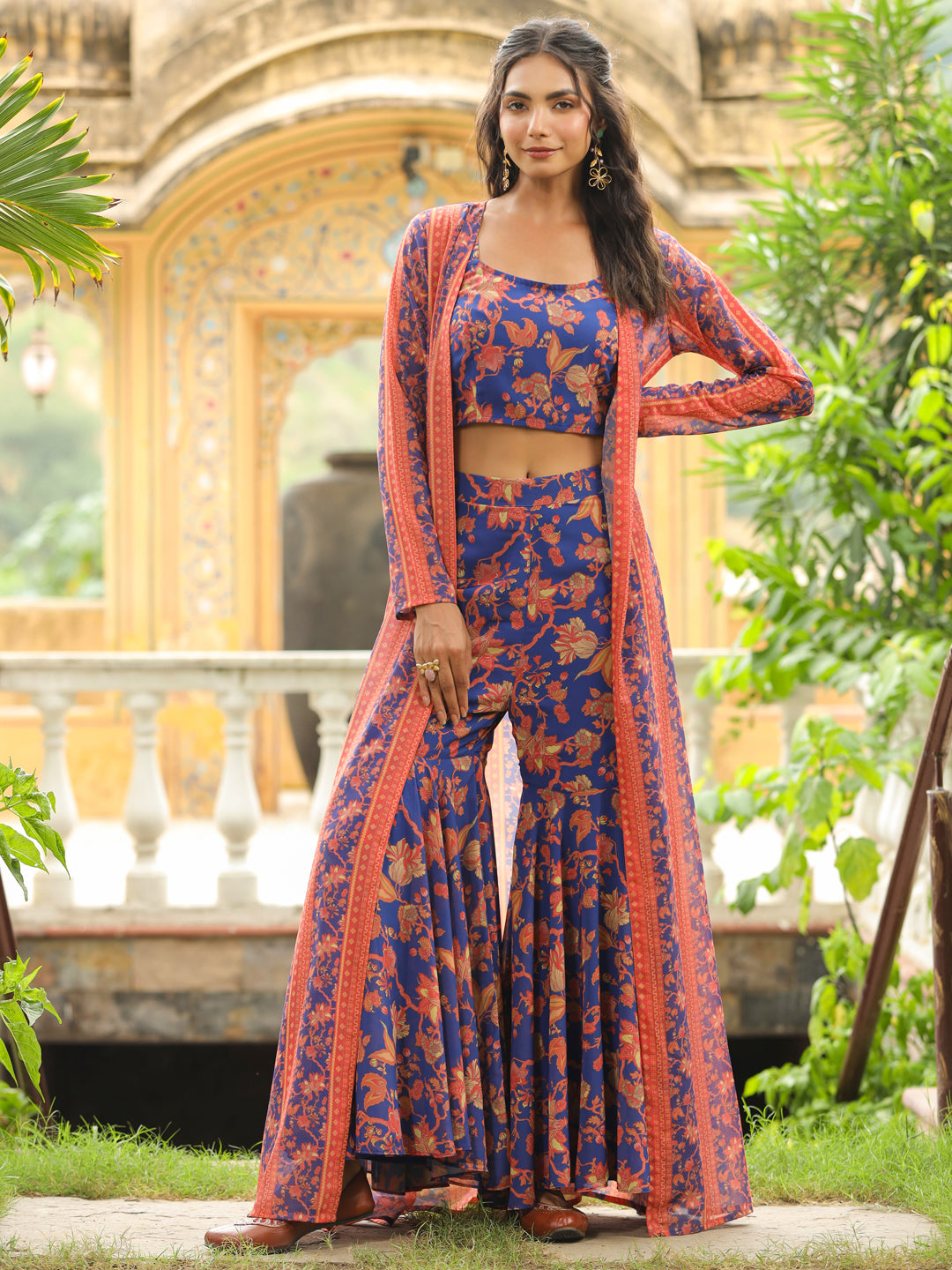 Navy-Blue-Georgette-Floral-Print-Sleeveless-Co-Ord-Set