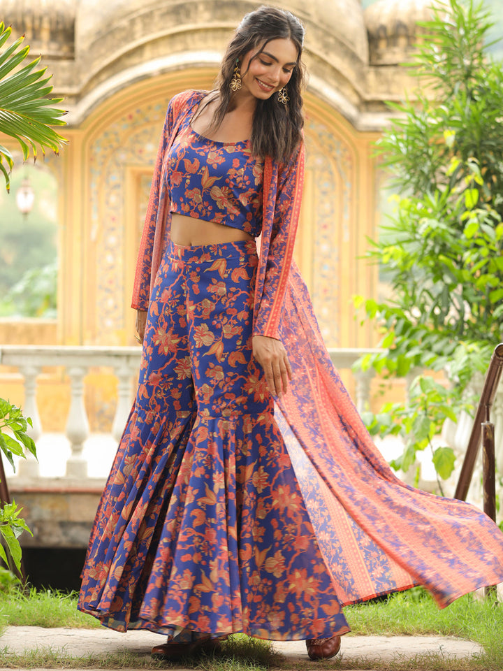 Navy-Blue-Georgette-Floral-Print-Sleeveless-Co-Ord-Set