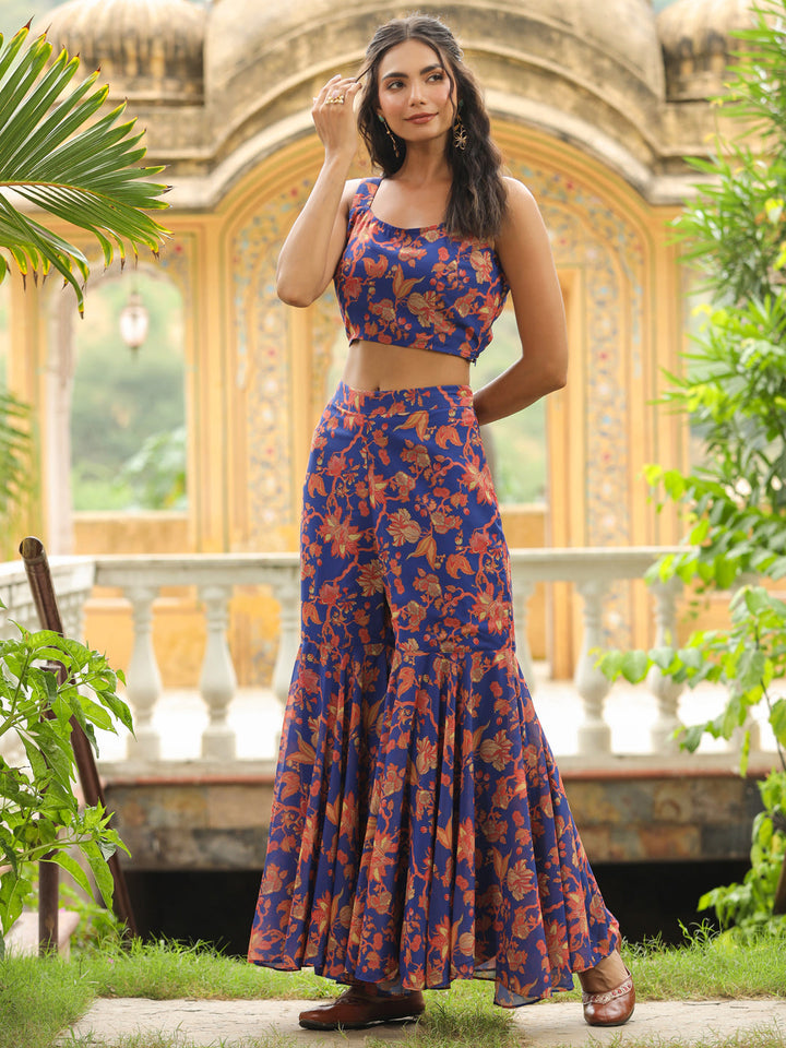 Navy-Blue-Georgette-Floral-Print-Sleeveless-Co-Ord-Set