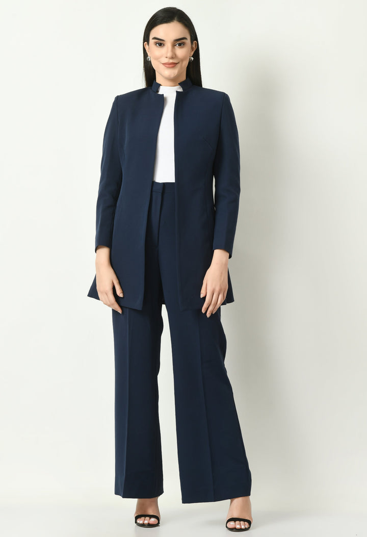 Navy-Blue-Mastery-Solid-Long-Blazer-With-Bootcut-Trouser