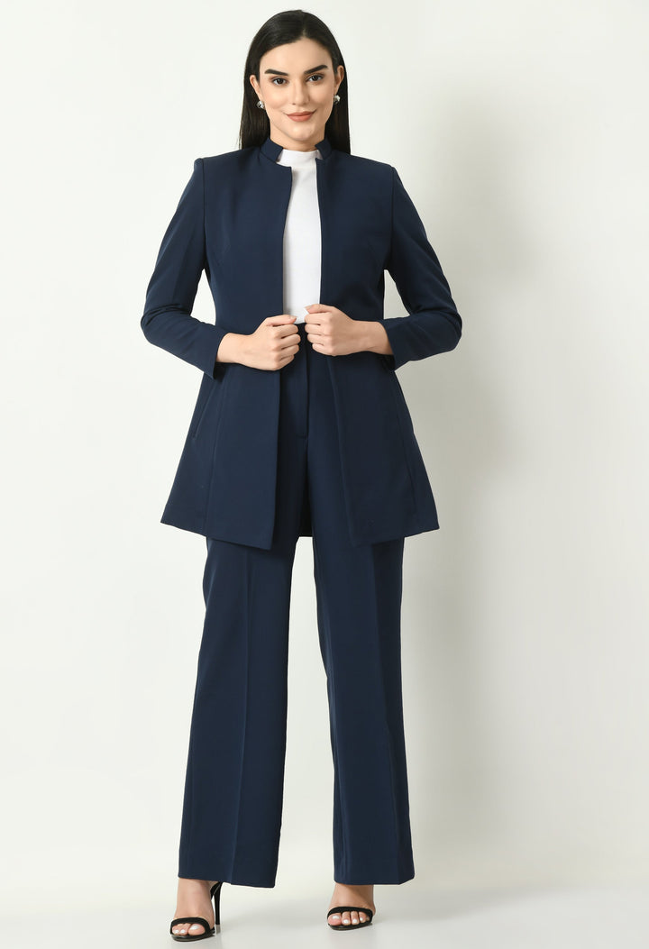 Navy-Blue-Mastery-Solid-Long-Blazer-With-Bootcut-Trouser