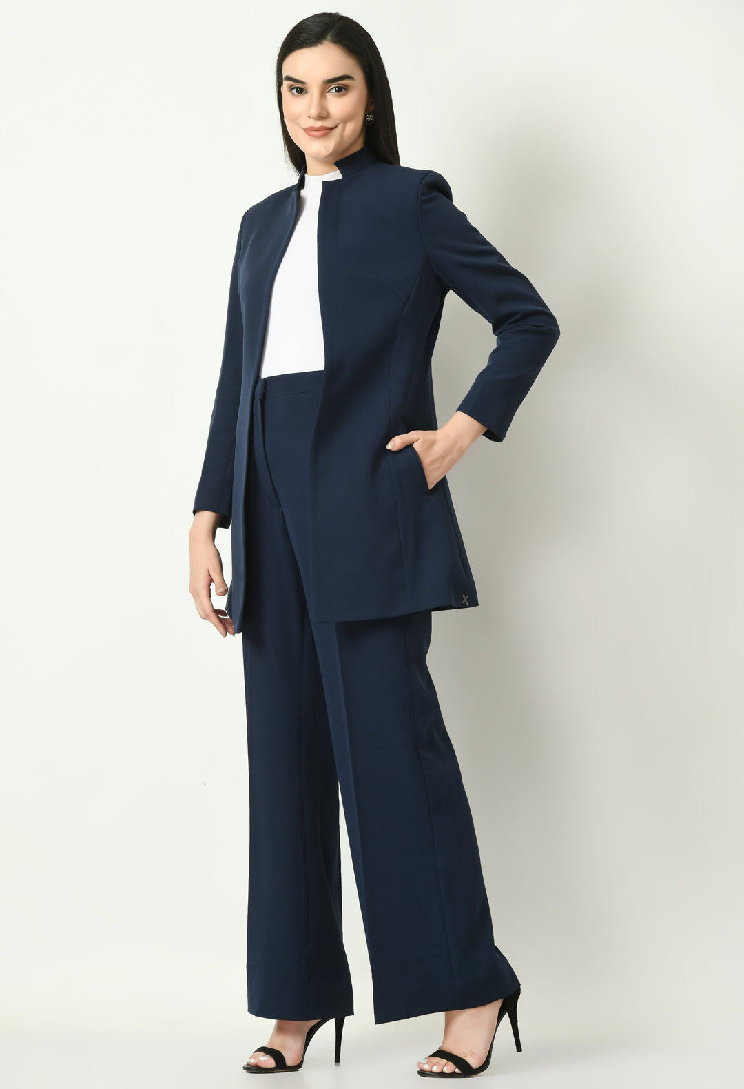 Navy-Blue-Mastery-Solid-Long-Blazer-With-Bootcut-Trouser