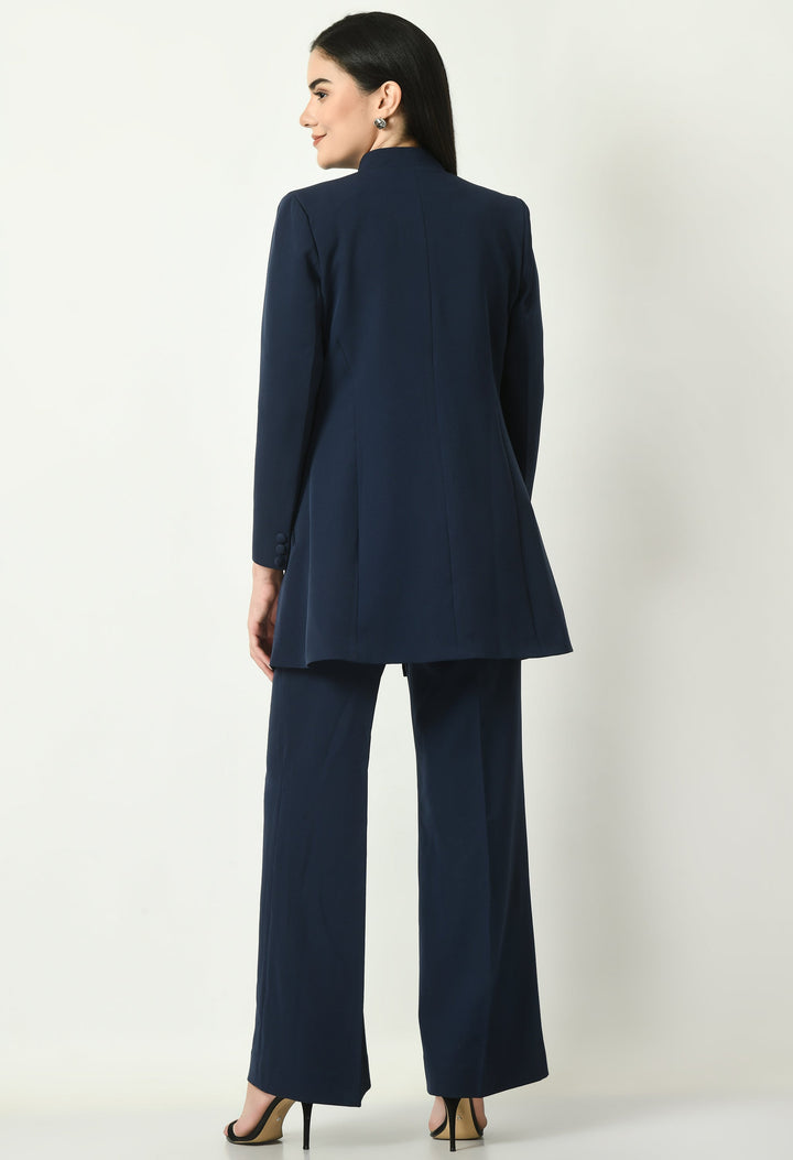 Navy-Blue-Mastery-Solid-Long-Blazer-With-Bootcut-Trouser