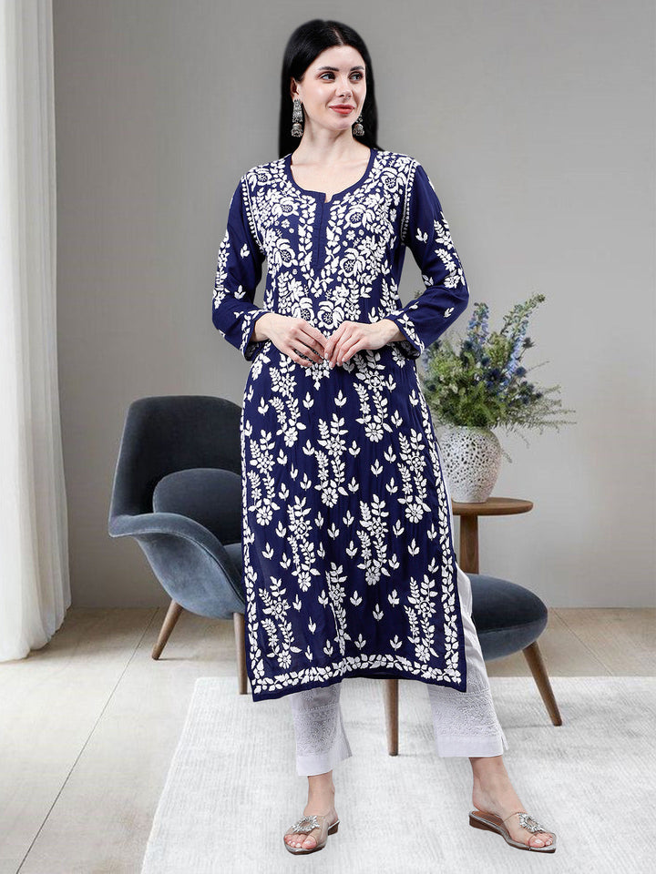 Navy-Blue-Modal-Embroidered-Chikankari-Kurti