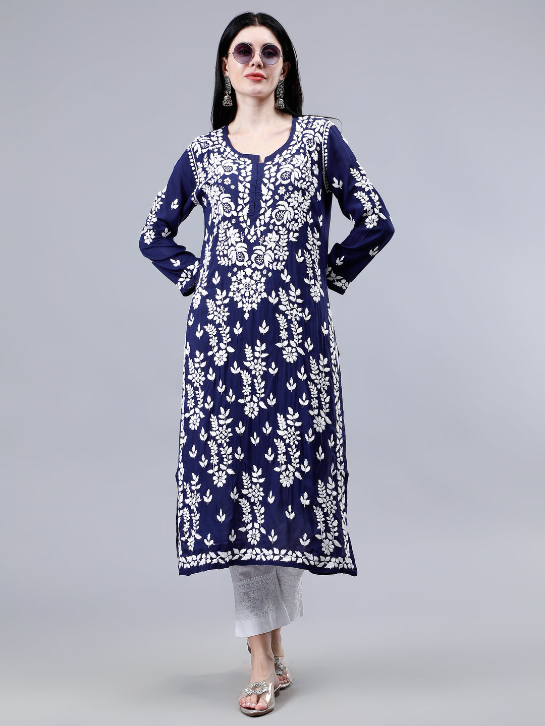 Navy Blue Modal Embroidered Chikankari Kurti