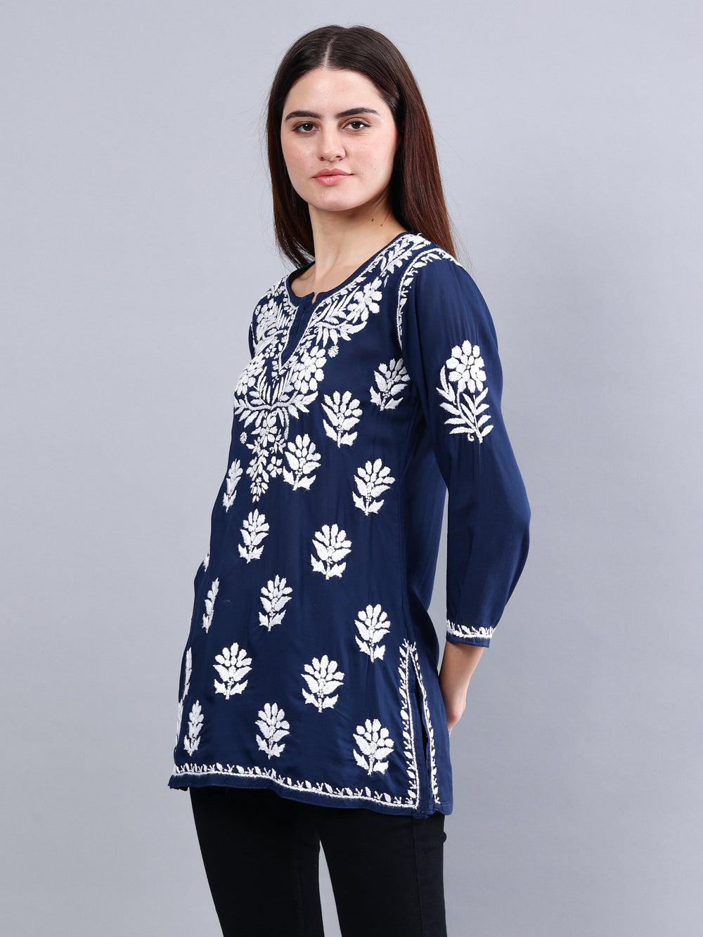 Navy-Blue-Modal-Embroidered-Chikankari-Short-Tunic