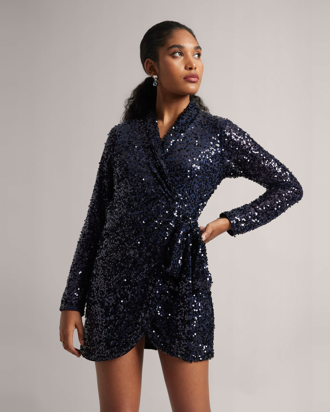 Navy Blue Poly Elastane Sequinned Party Mini Dress