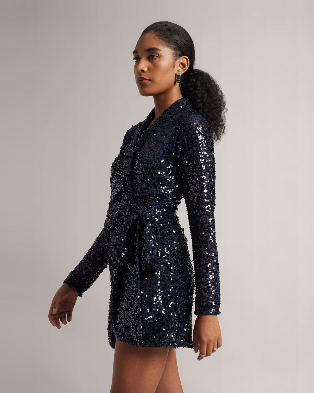 Navy Blue Poly Elastane Sequinned Party Mini Dress