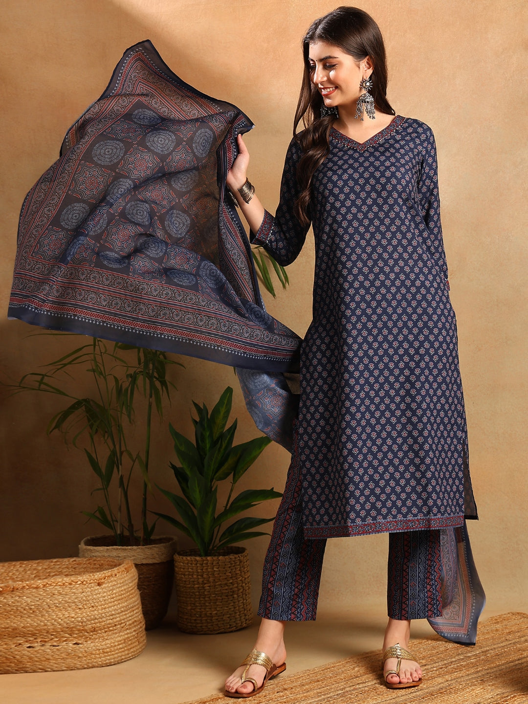 ZERESOUQ-Navy-Blue-Poly-Rayon-Ajrakh-Print-Straight-3-Piece-Kurta-Set