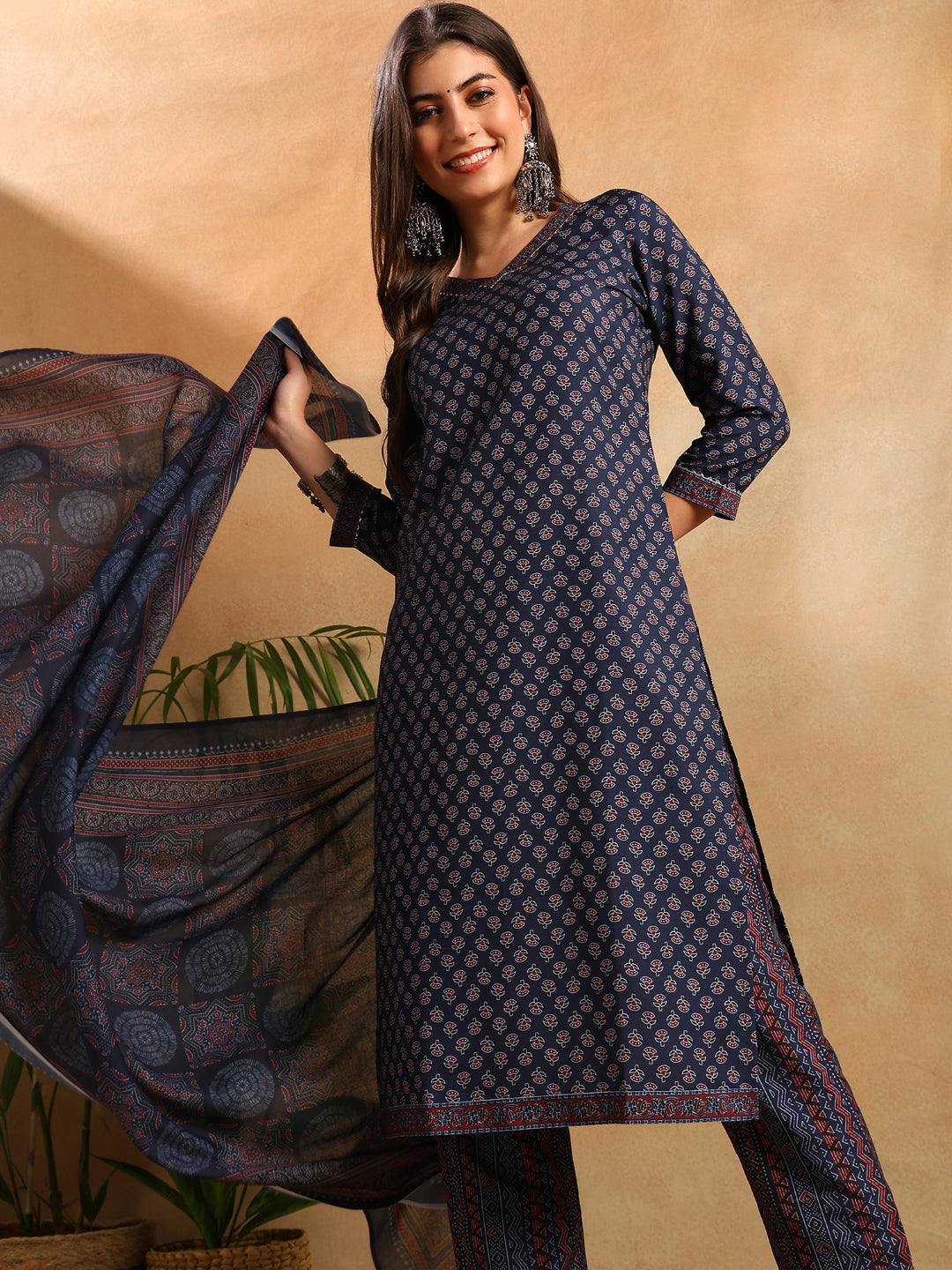 ZERESOUQ-Navy-Blue-Poly-Rayon-Ajrakh-Print-Straight-3-Piece-Kurta-Set