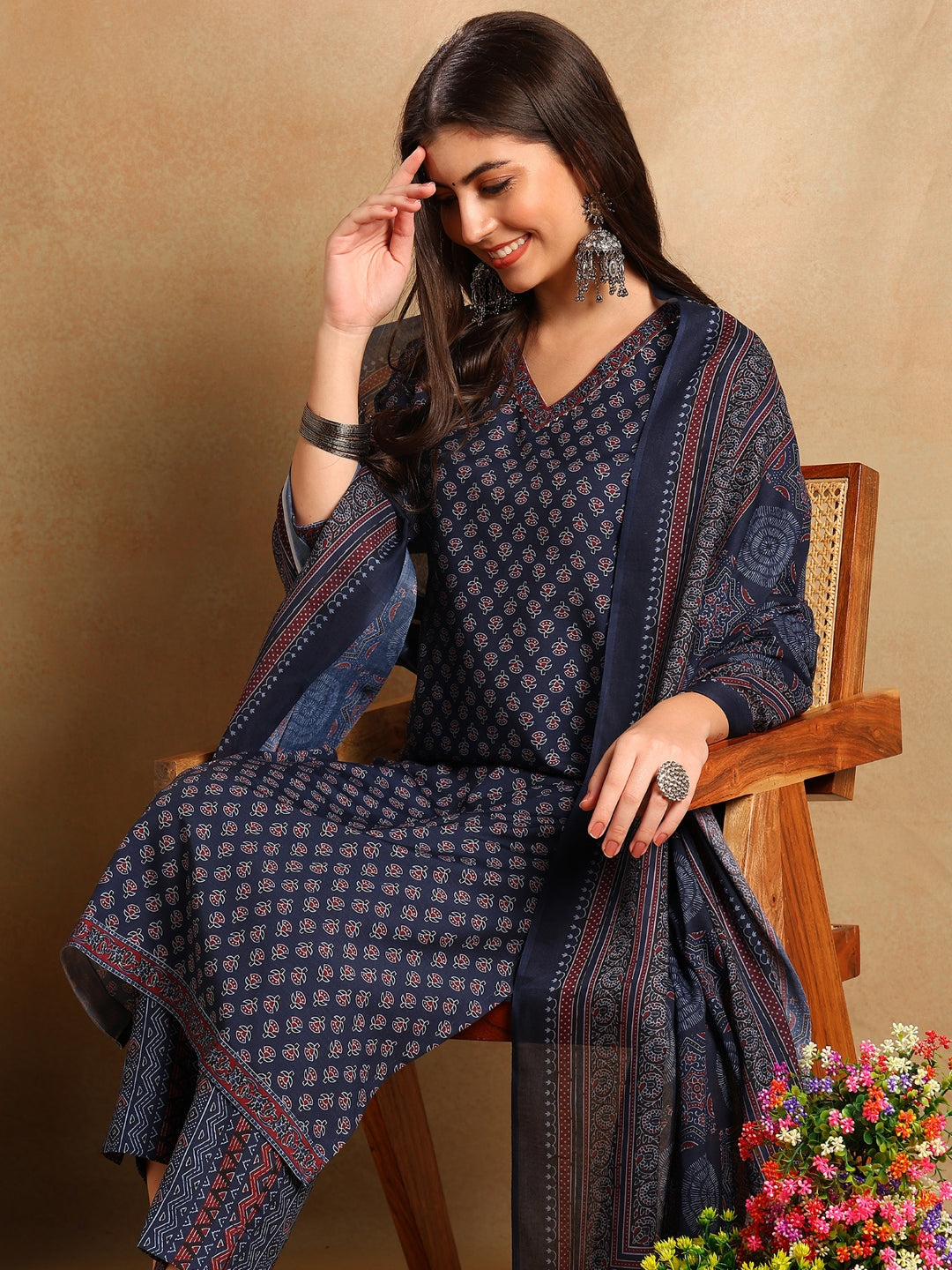 Navy-Blue-Poly-Rayon-Ajrakh-Print-Straight-3-Piece-Kurta-Set