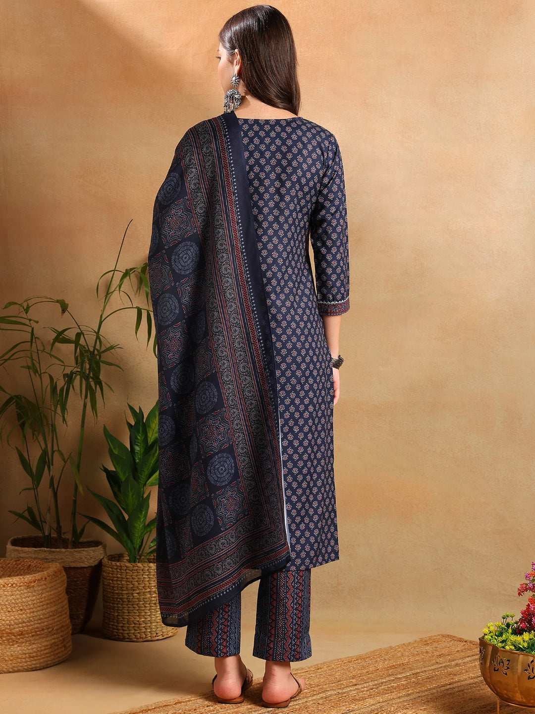 ZERESOUQ-Navy-Blue-Poly-Rayon-Ajrakh-Print-Straight-3-Piece-Kurta-Set