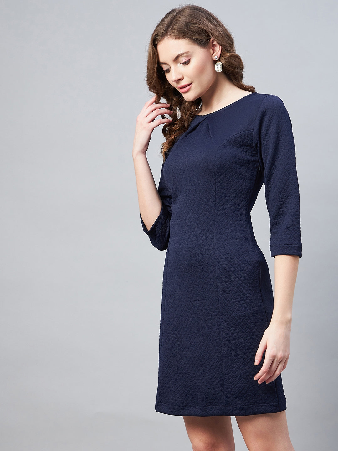 Navy-Blue-Polyester-Jacquard-Self-Design-Dress