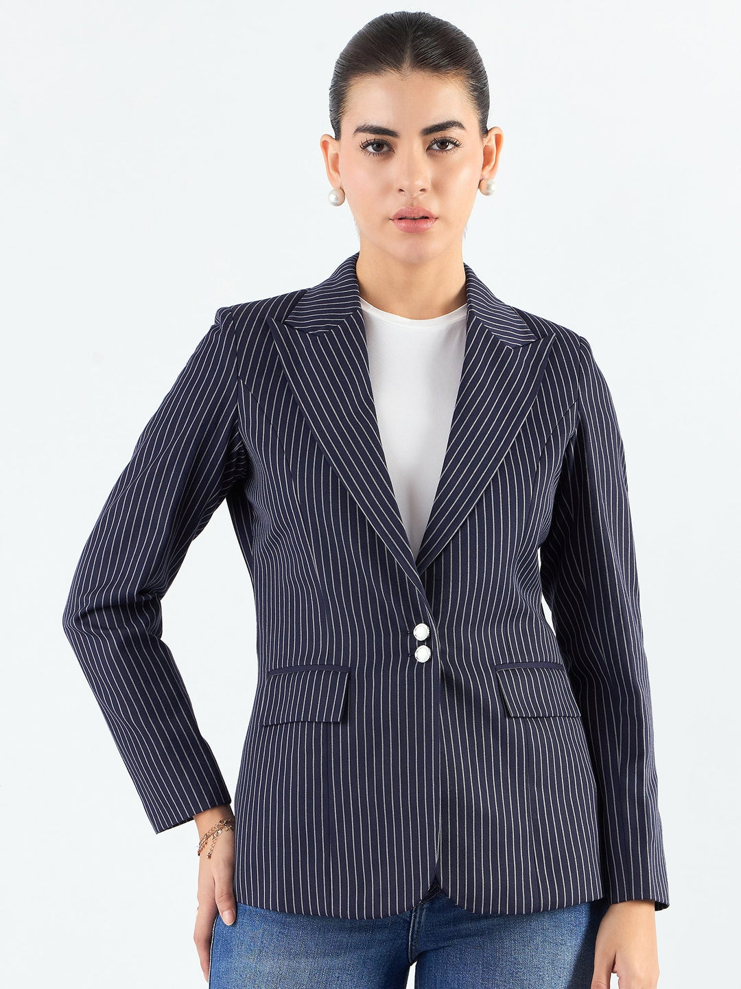 Navy-Blue-Polyester-Striped-Structured-Notched-Lapel-Blazer