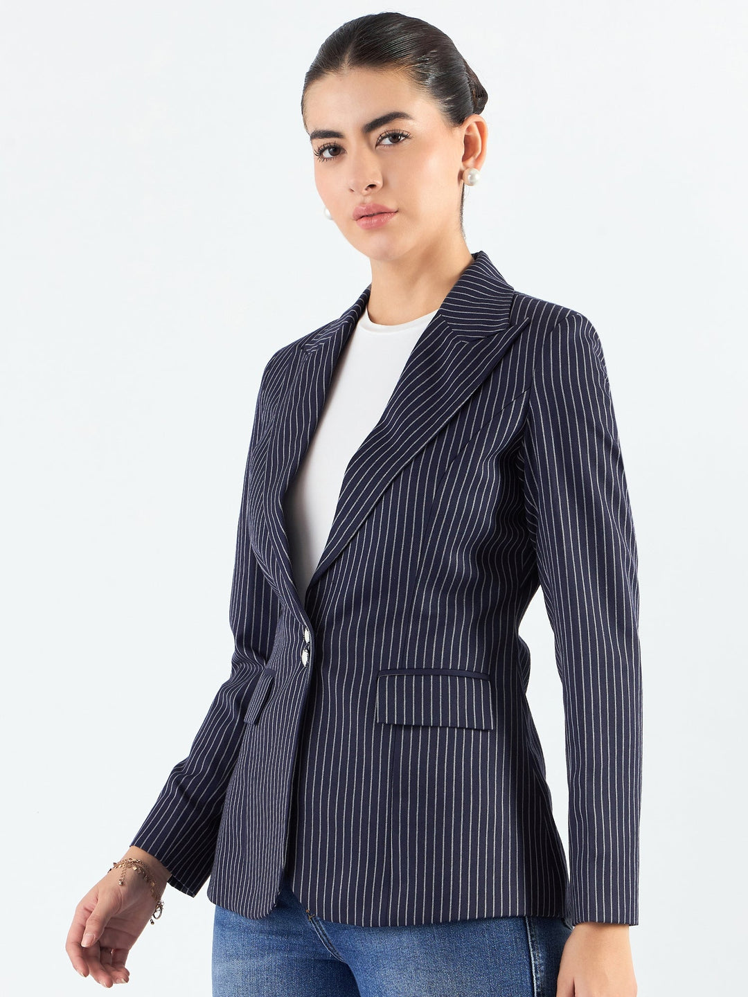 Navy-Blue-Polyester-Striped-Structured-Notched-Lapel-Blazer