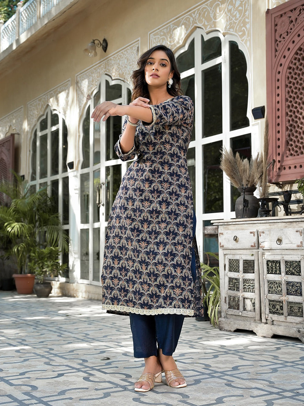 Navy-Blue-Silk-Blend-Printed-Zari-Work-2-Piece-Kurta-Set