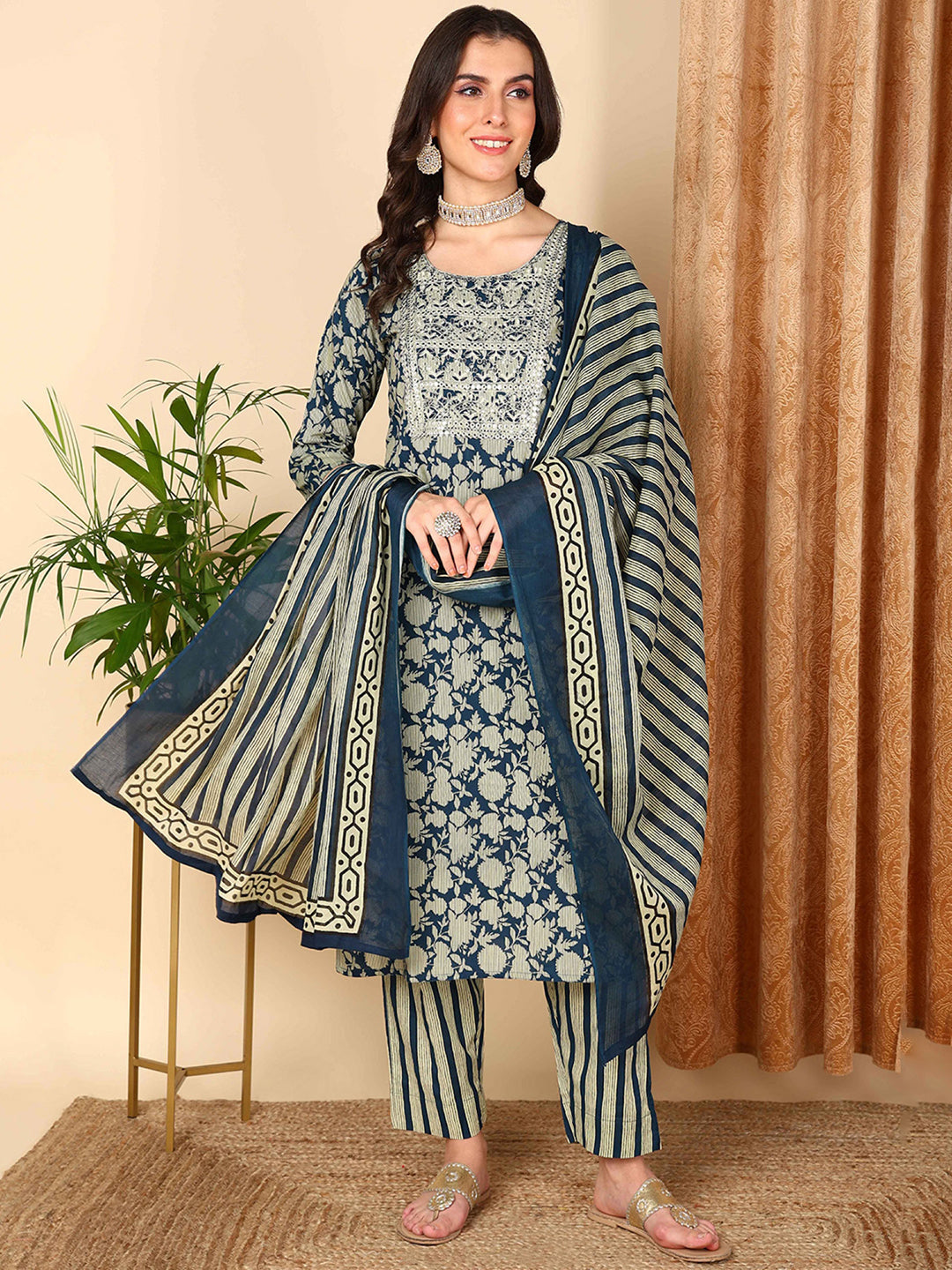 Navy-Blue-Rayon-Blend-Floral-Embroidered-3-Piece-Kurta-Set