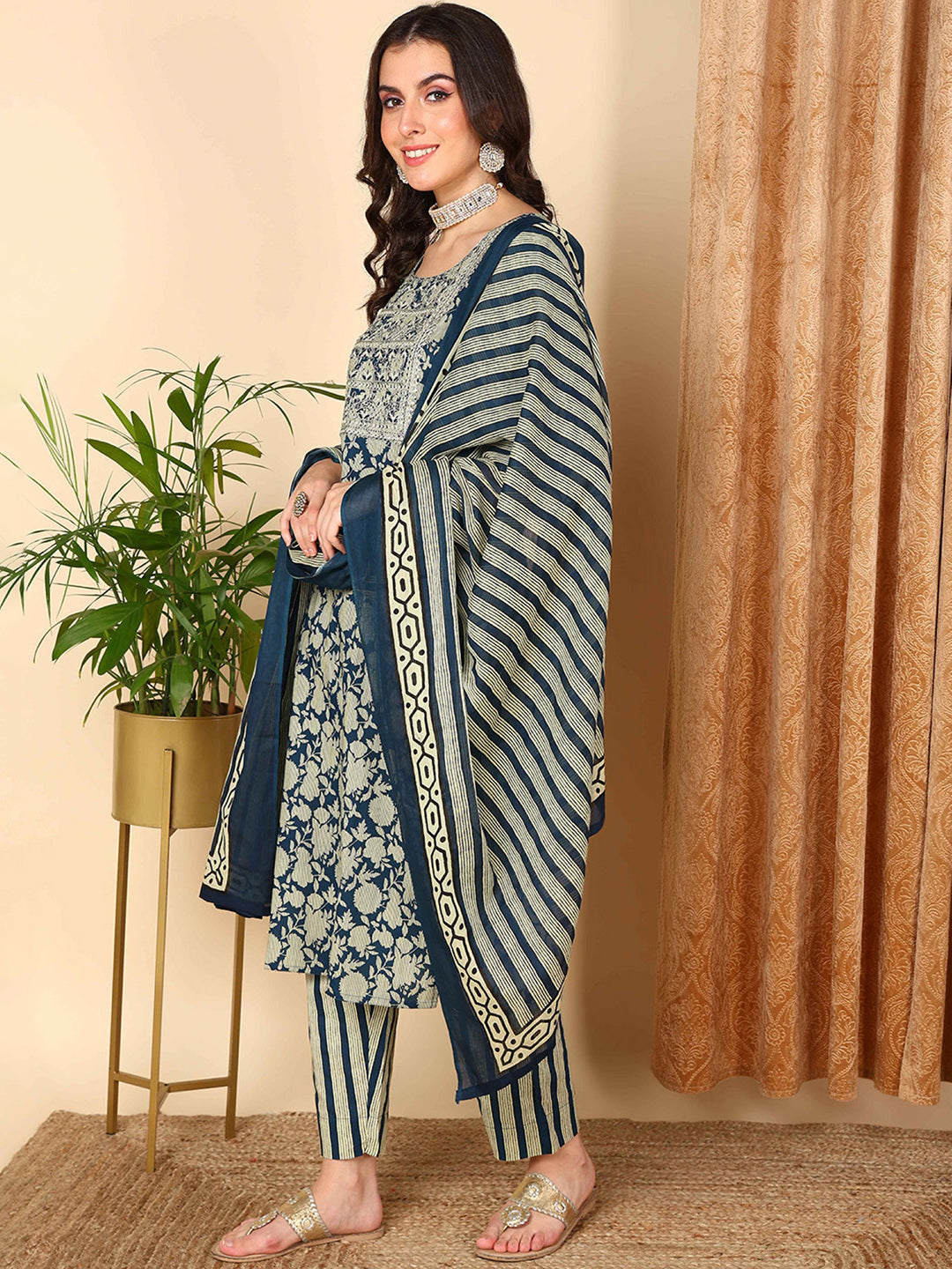 Navy-Blue-Rayon-Blend-Floral-Embroidered-3-Piece-Kurta-Set