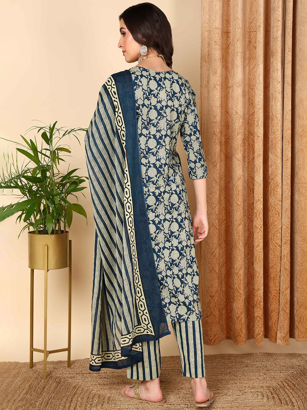 Navy-Blue-Rayon-Blend-Floral-Embroidered-3-Piece-Kurta-Set