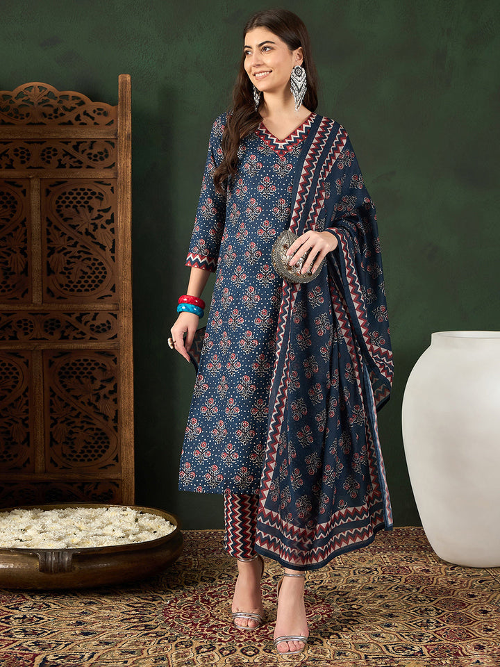 Navy-Blue-Rayon-Blend-Floral-Printed-3-Piece-Kurta-Set