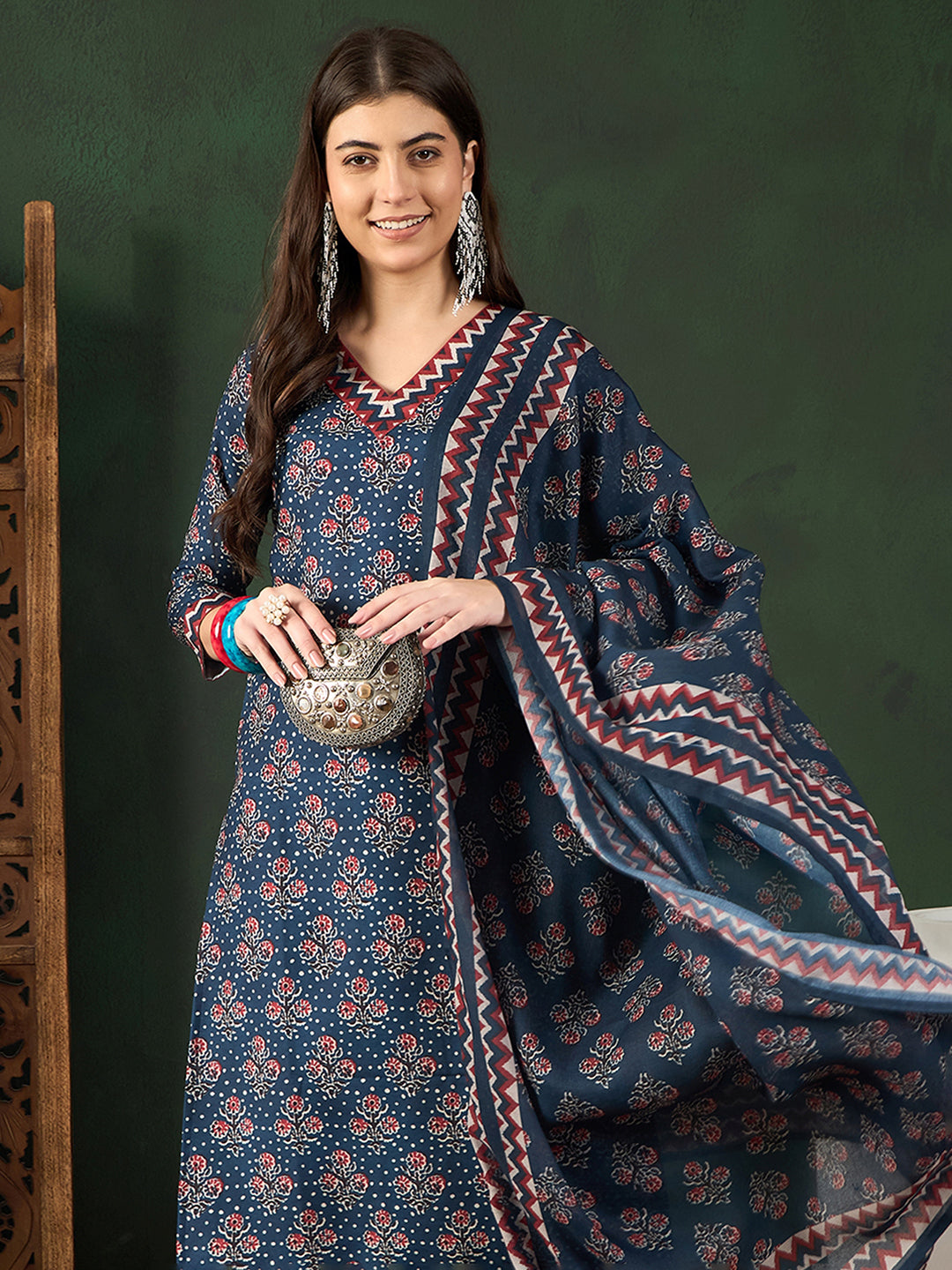 Navy-Blue-Rayon-Blend-Floral-Printed-3-Piece-Kurta-Set