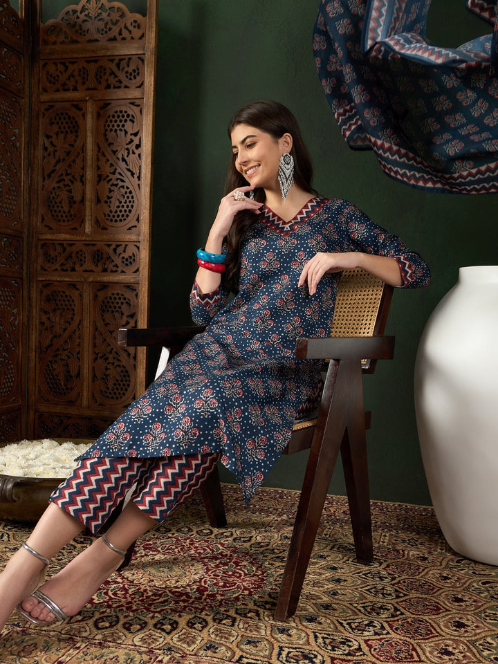 Navy-Blue-Rayon-Blend-Floral-Printed-3-Piece-Kurta-Set