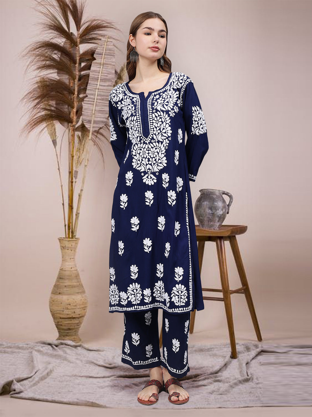 Navy-Blue-Rayon-Embroidered-Chikankari-2-Piece-Kurta-Set