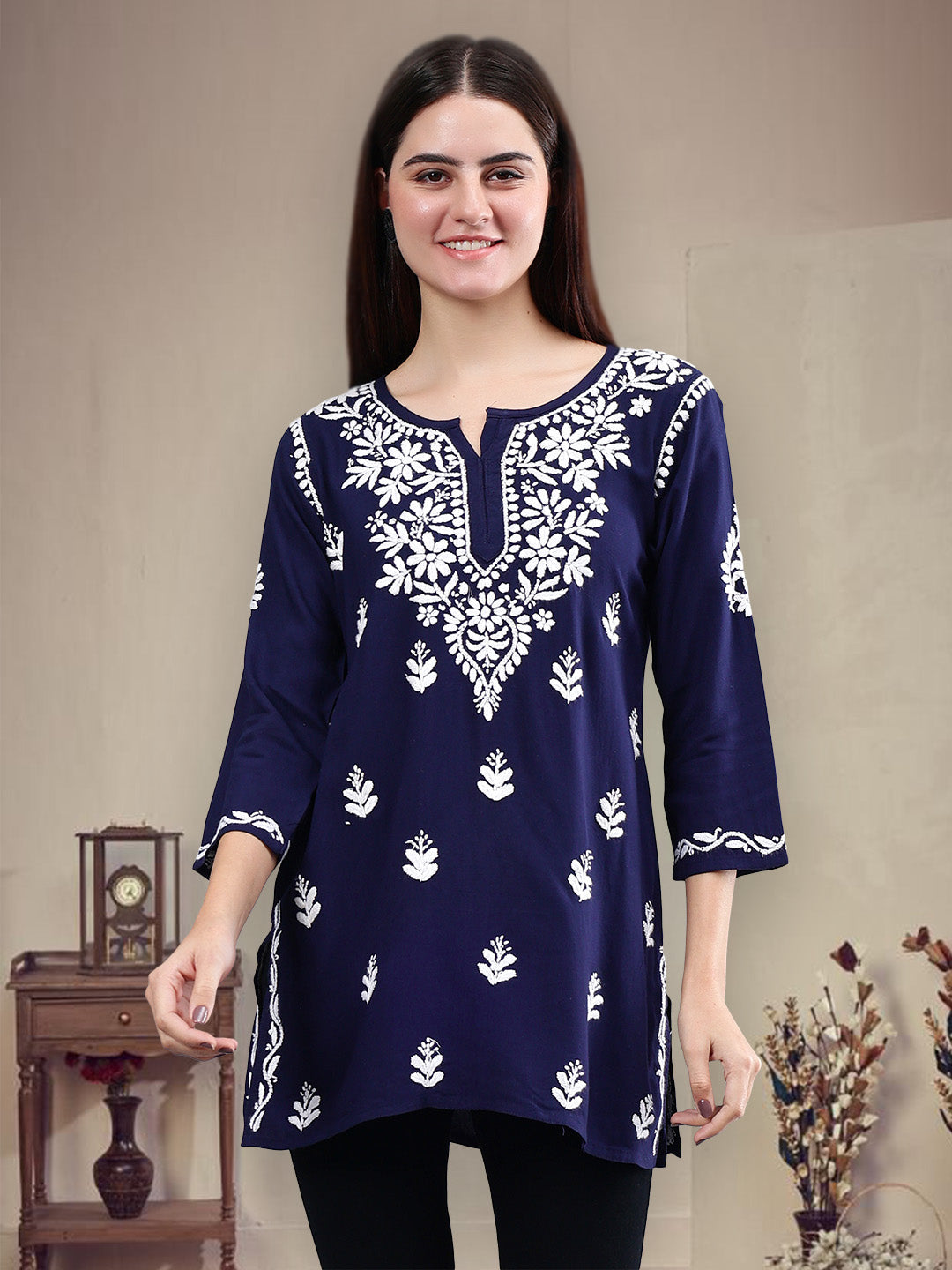 Navy-Blue-Rayon-Embroidered-Chikankari-Short-Tunic