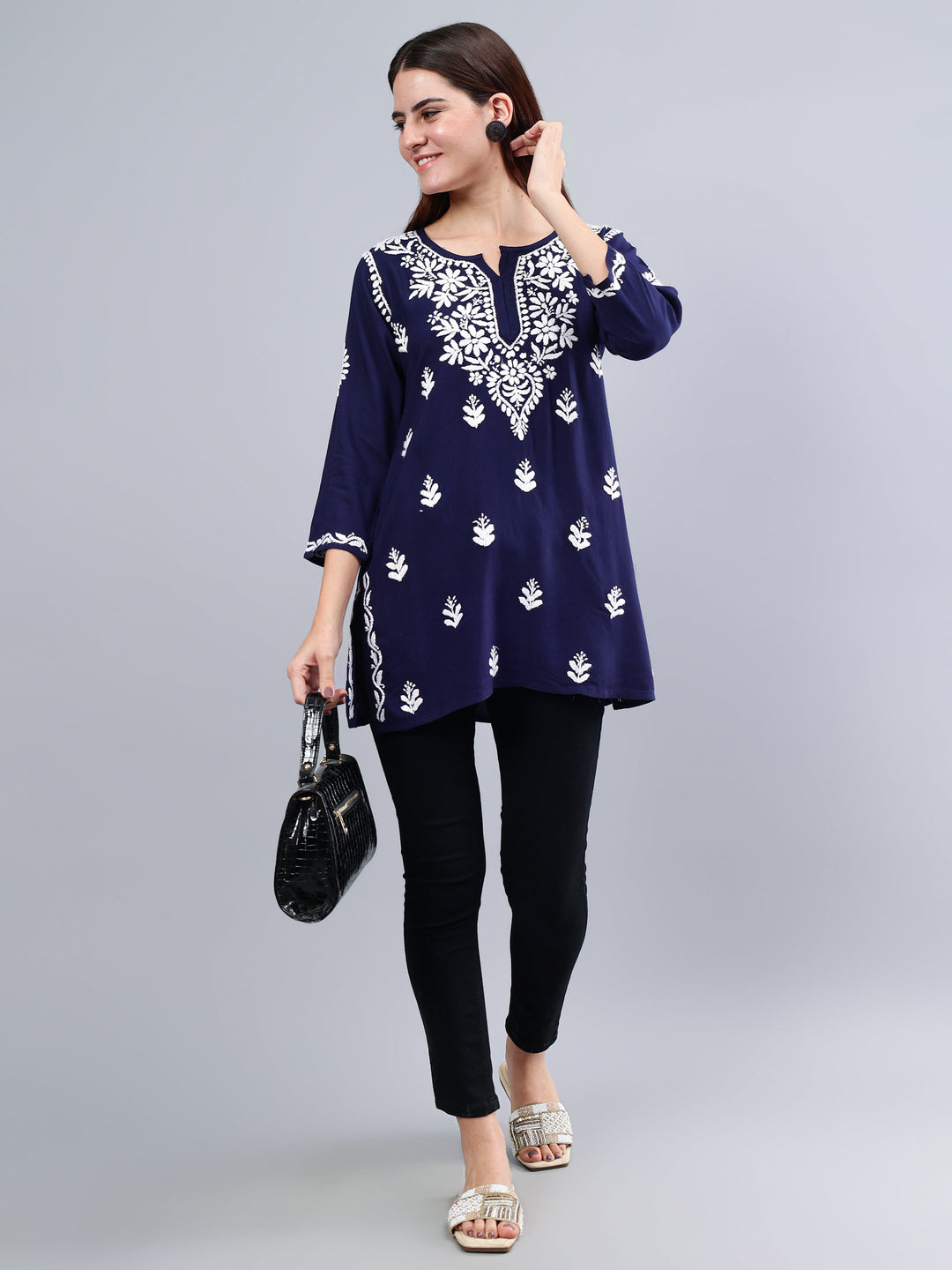 Navy-Blue-Rayon-Embroidered-Chikankari-Short-Tunic