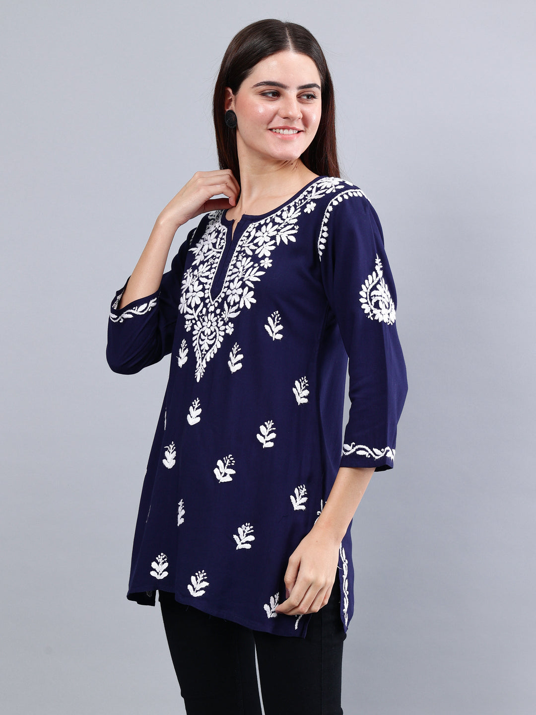 Navy-Blue-Rayon-Embroidered-Chikankari-Short-Tunic