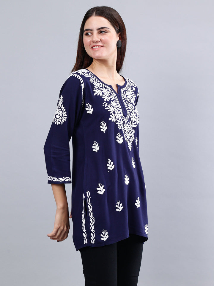 Navy-Blue-Rayon-Embroidered-Chikankari-Short-Tunic