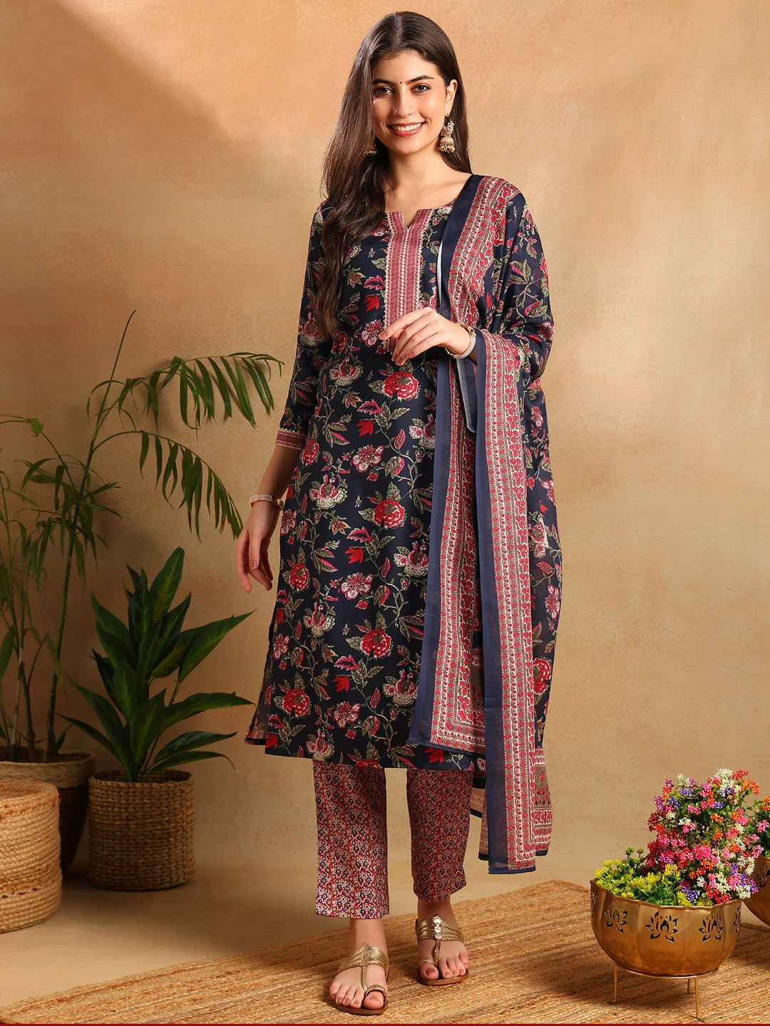 ZERESOUQ-Navy-Blue-Rayon-Blend-Floral-Print-Straight-3-Piece-Kurta-Set