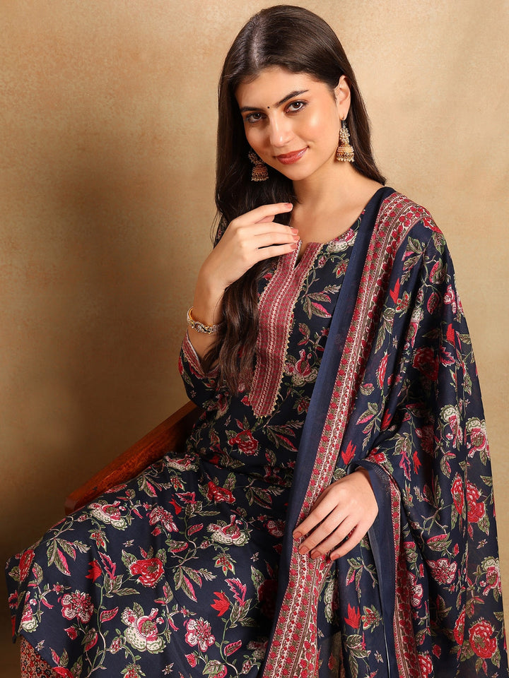 ZERESOUQ-Navy-Blue-Rayon-Blend-Floral-Print-Straight-3-Piece-Kurta-Set