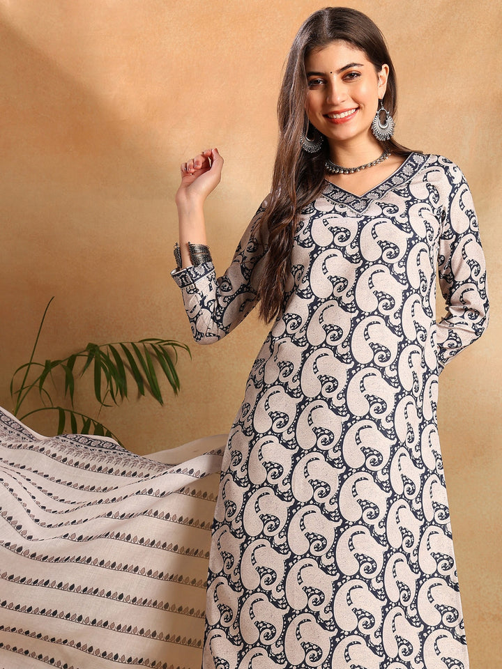 Navy-Blue-Rayon-&-White-Paisley-Printed-3-Piece-Kurta-Set