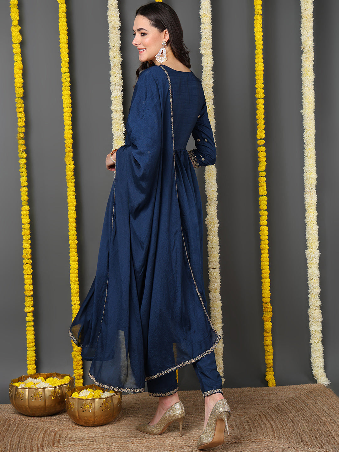 Navy Blue Silk Blend Solid Embroidered Flared Kurta Trouser With Dupatta