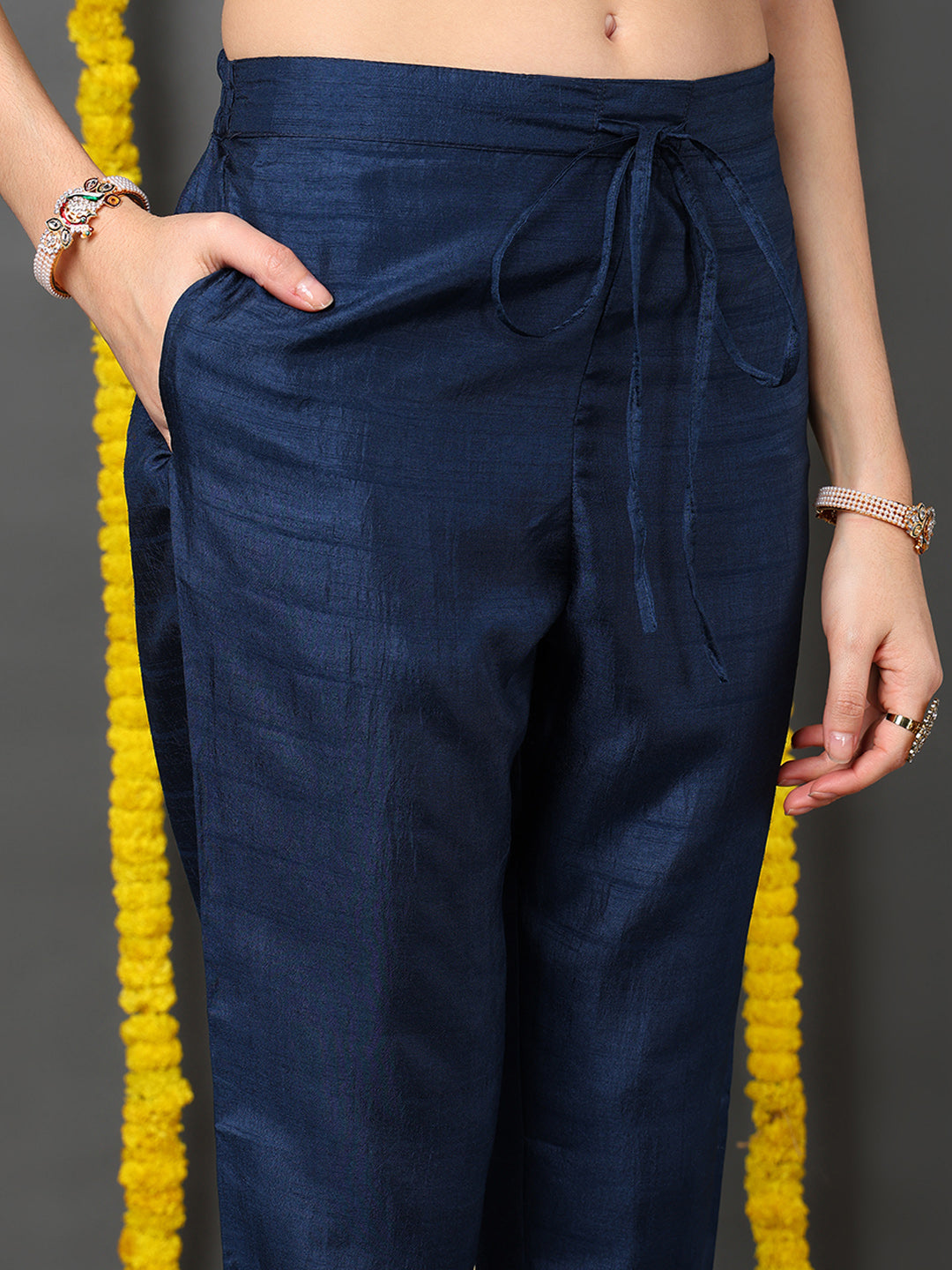 Navy Blue Silk Blend Solid Embroidered Flared Kurta Trouser With Dupatta