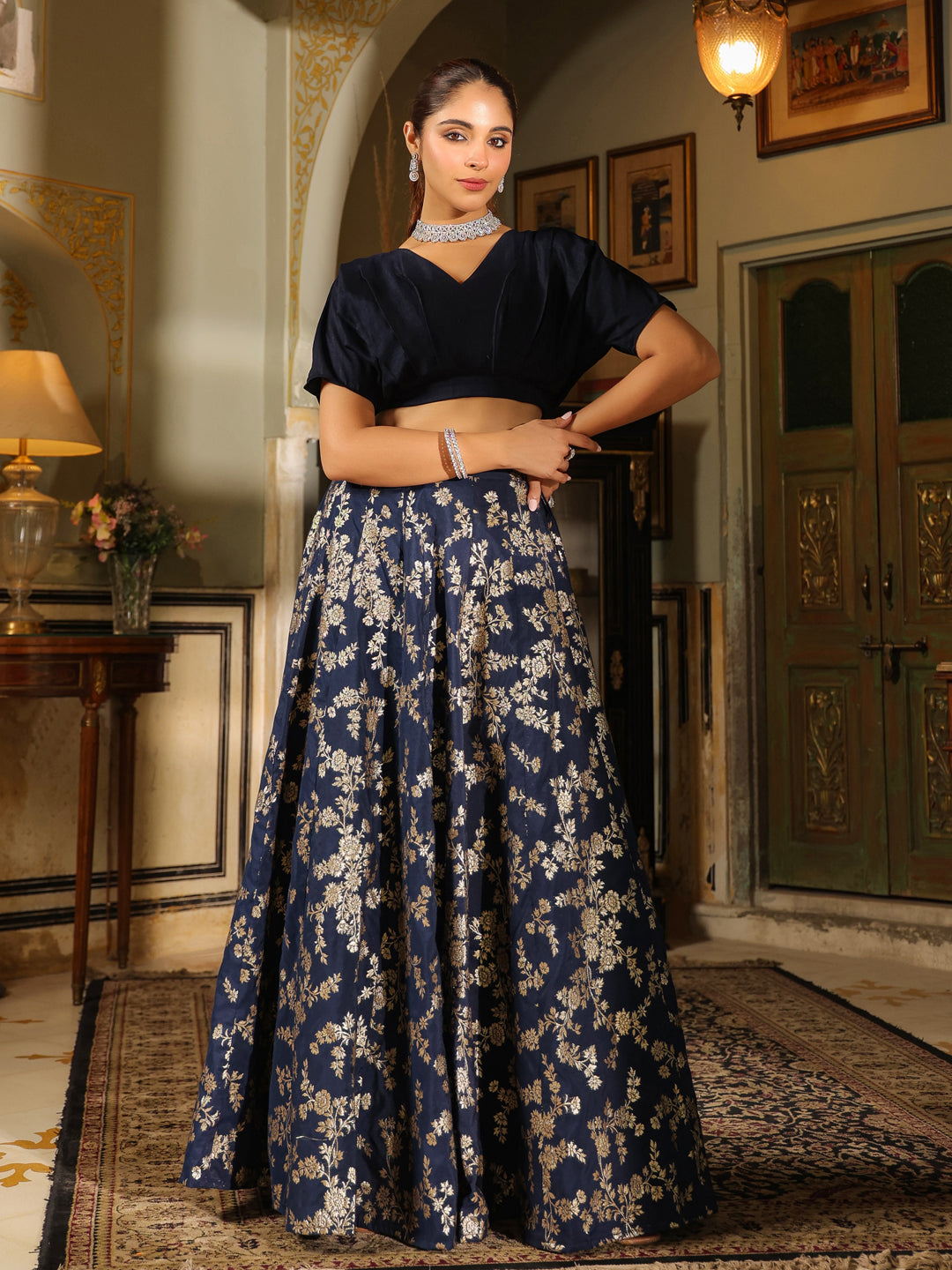 Navy-Blue-Silk-Blend-Solid-Lehenga-Set