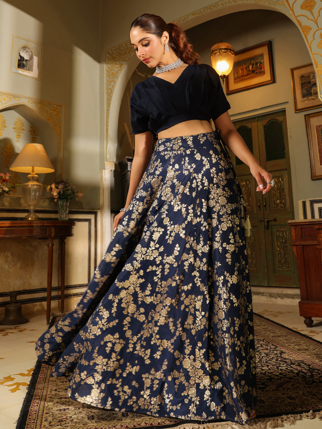 Navy-Blue-Silk-Blend-Solid-Lehenga-Set