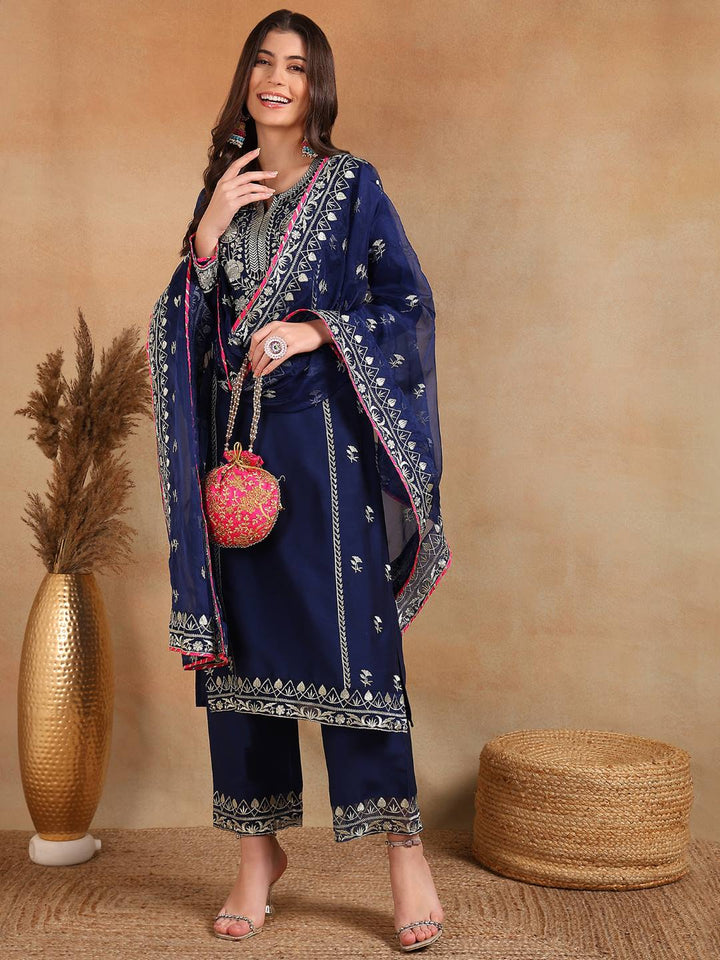 Navy-Blue-Silk-Blend-Solid-Yoke-Design-3-Piece-Kurta-Sets