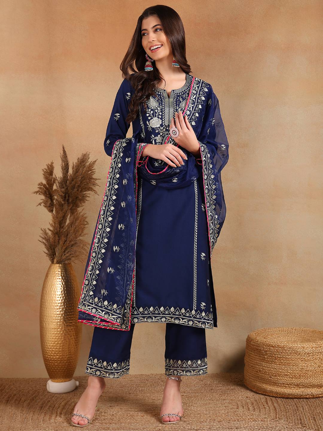 Navy-Blue-Silk-Blend-Solid-Yoke-Design-3-Piece-Kurta-Sets