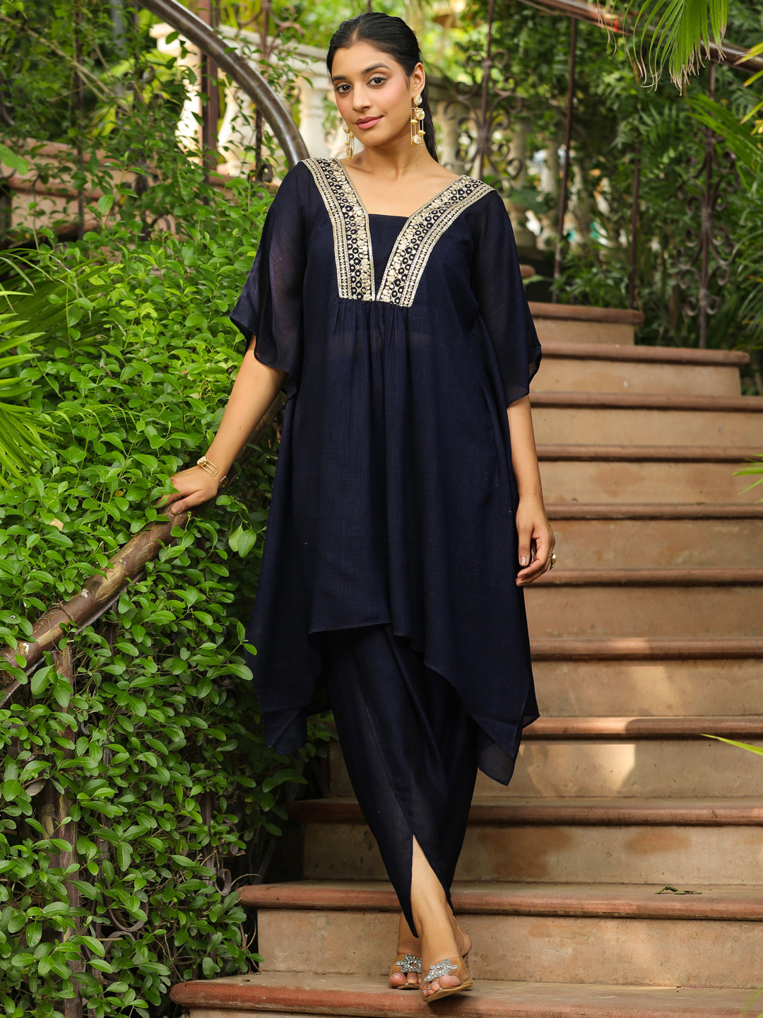 ZERESOUQ-Navy-Blue-Silk-Blend-Yoke-Embroidery-Co-Ord-Set