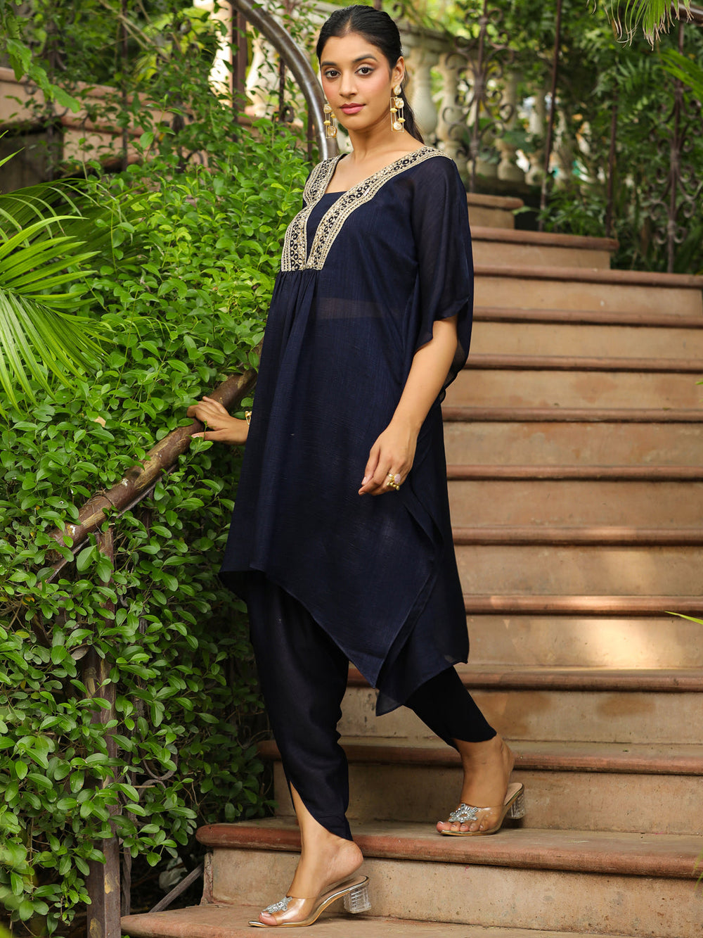 ZERESOUQ-Navy-Blue-Silk-Blend-Yoke-Embroidery-Co-Ord-Set