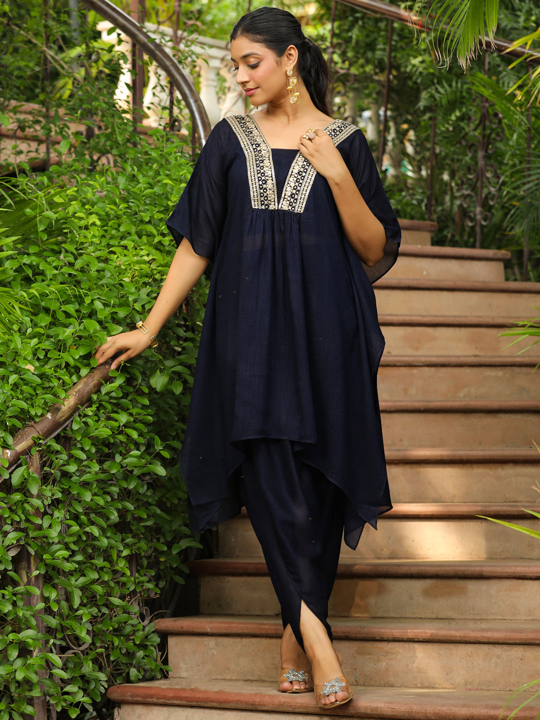 Navy-Blue-Silk-Blend-Yoke-Embroidery-Co-Ord-Set