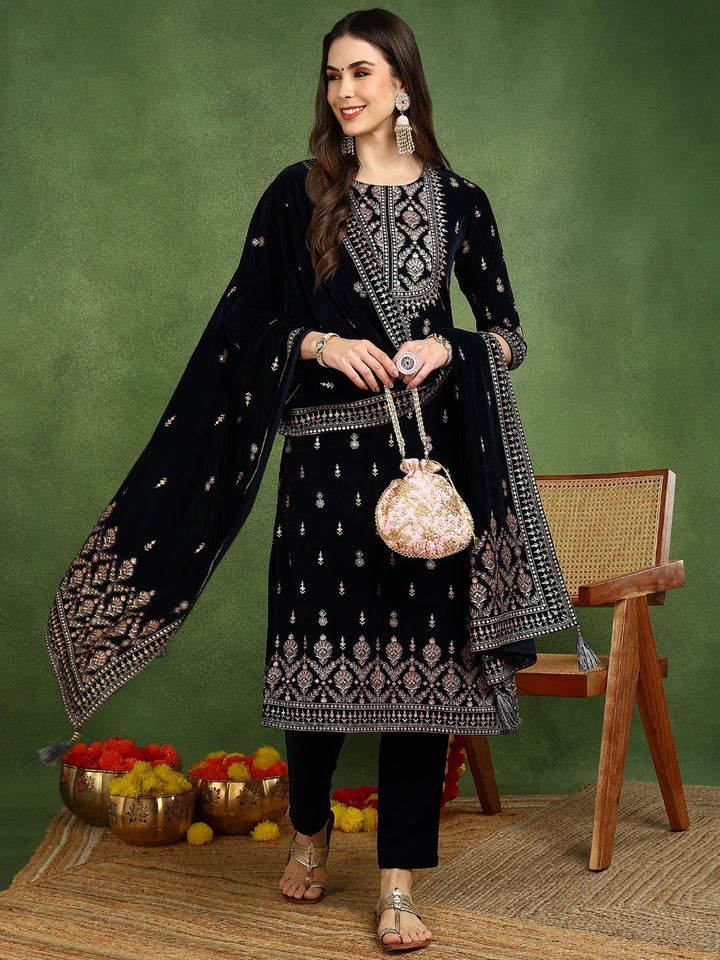 Navy Blue Velvet Ethnic Motifs Printed Straight 3-Piece Suit Set