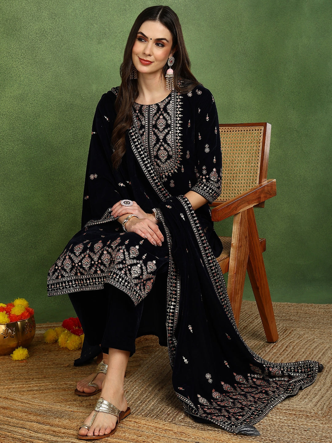 Navy Blue Velvet Ethnic Motifs Printed Straight 3-Piece Suit Set