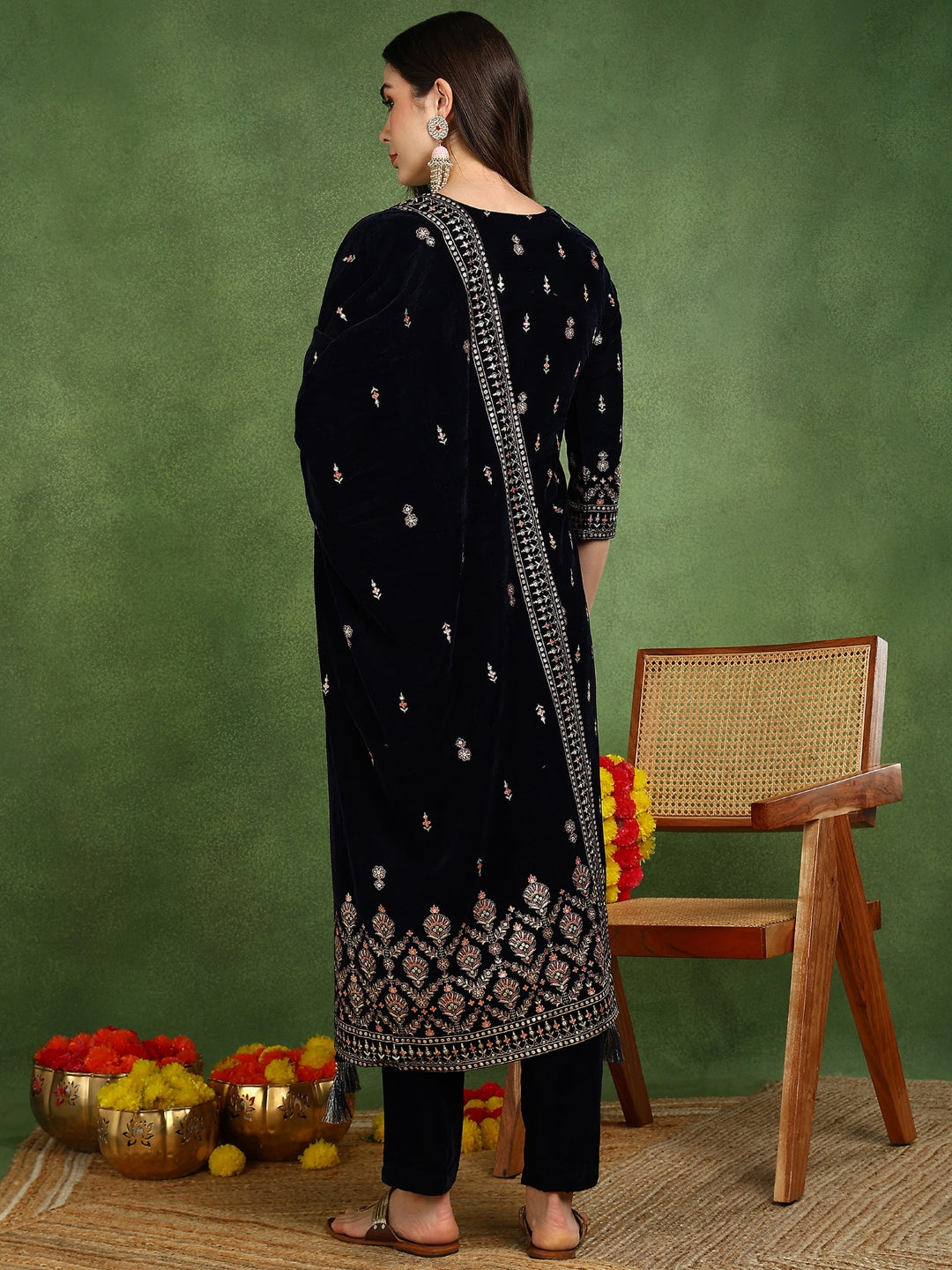 Navy Blue Velvet Ethnic Motifs Printed Straight 3-Piece Suit Set