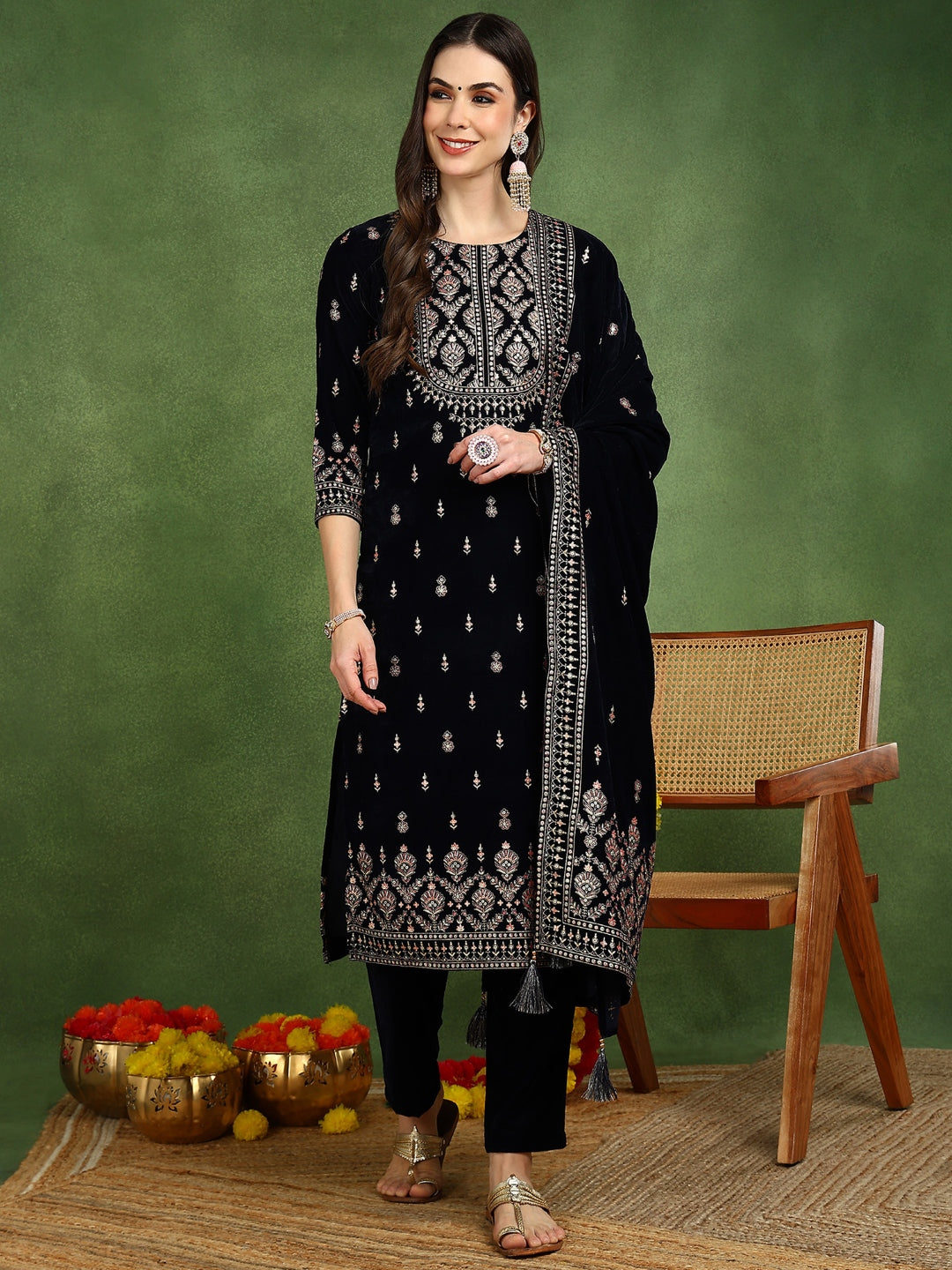 Navy Blue Velvet Ethnic Motifs Printed Straight 3-Piece Suit Set