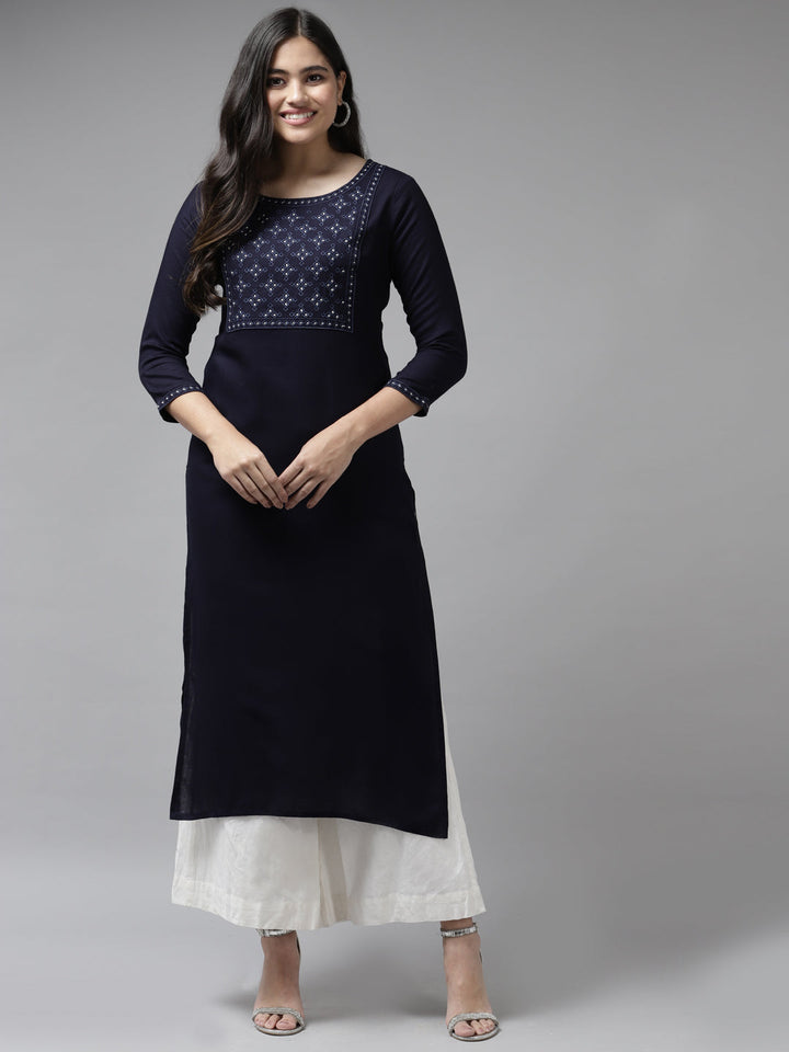 Navy-Blue-Viscose-Rayon-Embroidered-Kurta