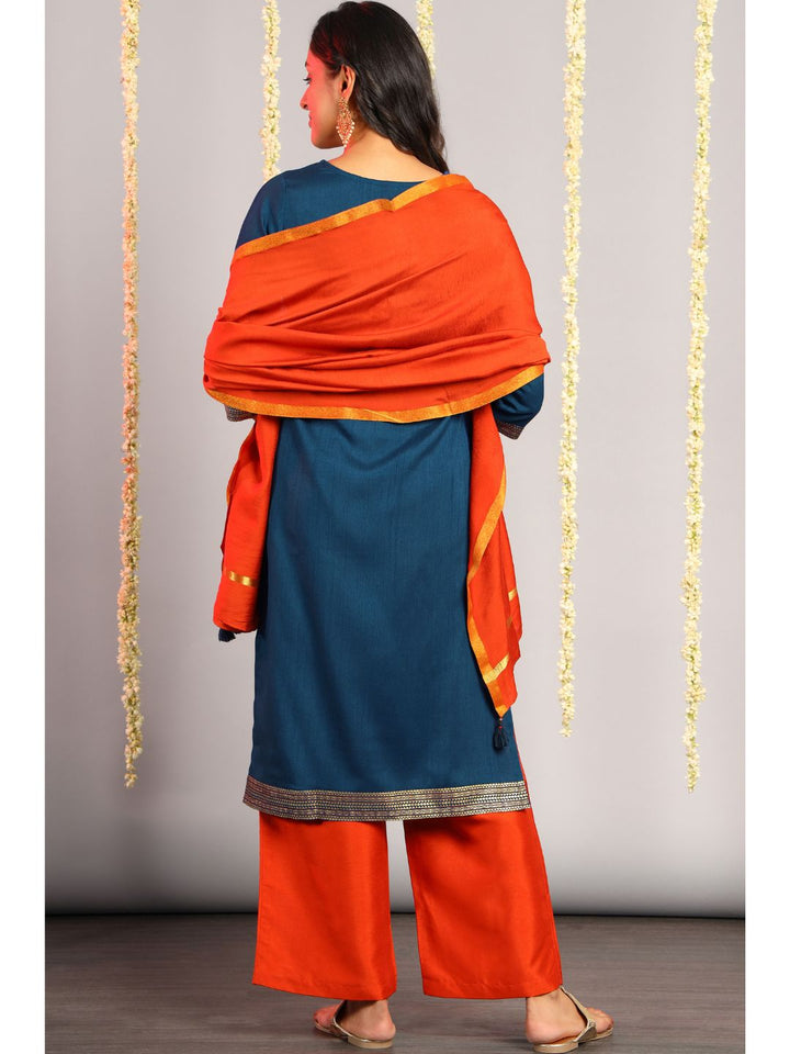 Navy Blue & Orange Silk Zari Print Kurta Set