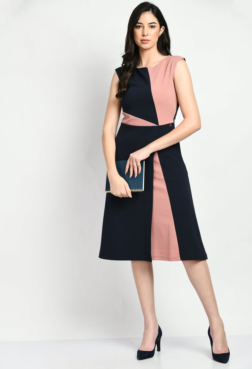 Navy-Blue-&-Pink-Cotton-Blend-Elegance-A-Line-Wrap-Dress